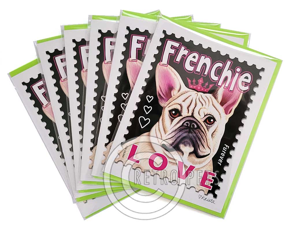 French Bulldog Art, Frenchie Art, LOVE Stamp 6 Small Greeting Cards | Retro Pets