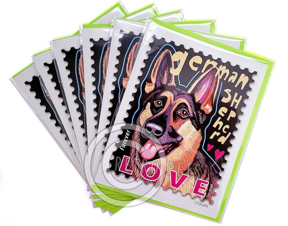 German Shepherd Art LOVE Stamp 6 Small Greeting Cards | Retro Pets