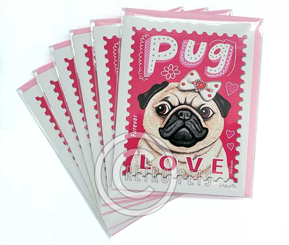 Pug Art, Fawn Pug LOVE Stamp, 6 Small Greeting Cards | Retro Pets