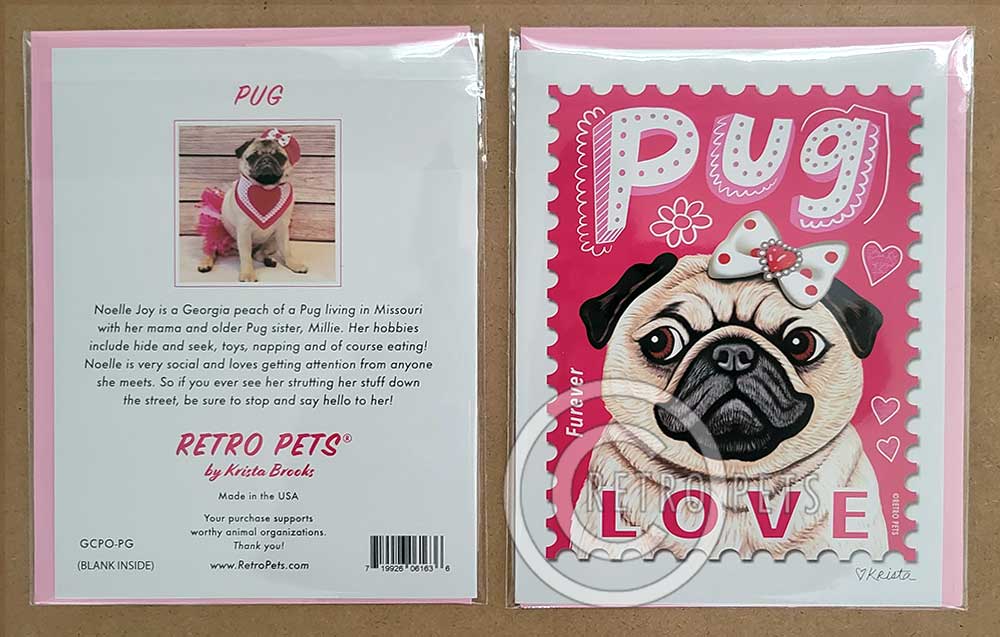 Pug Art, Fawn Pug LOVE Stamp, 6 Small Greeting Cards | Retro Pets