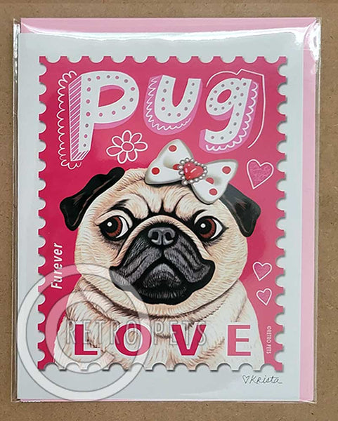 Pug Art, Fawn Pug LOVE Stamp, 6 Small Greeting Cards | Retro Pets