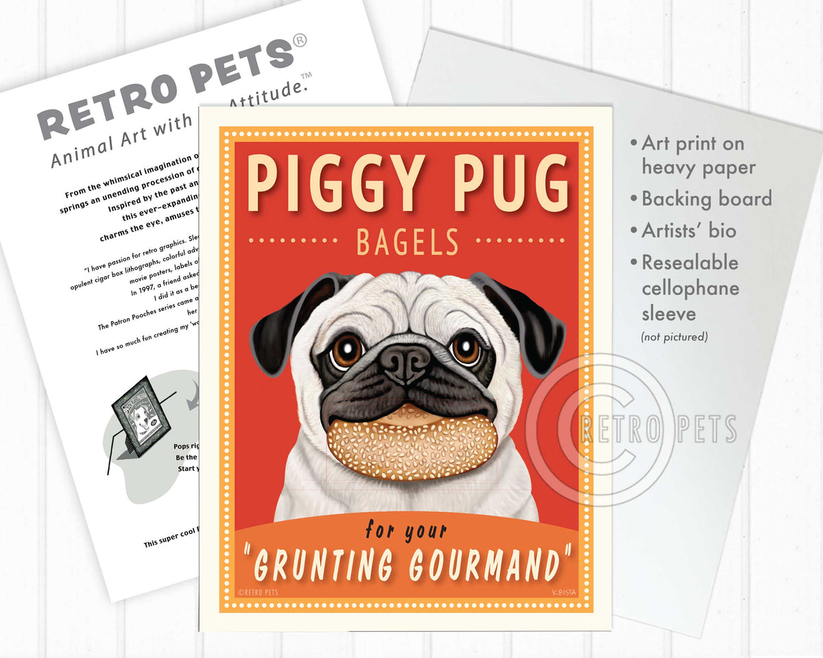 Pug Art "Piggy Pug Bagels" Art Print by Krista Brooks