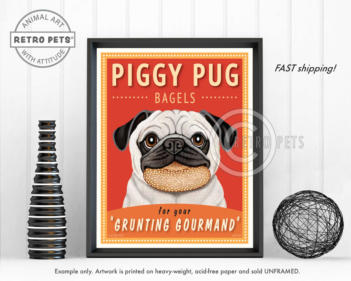 Pug Art "Piggy Pug Bagels" Art Print by Krista Brooks