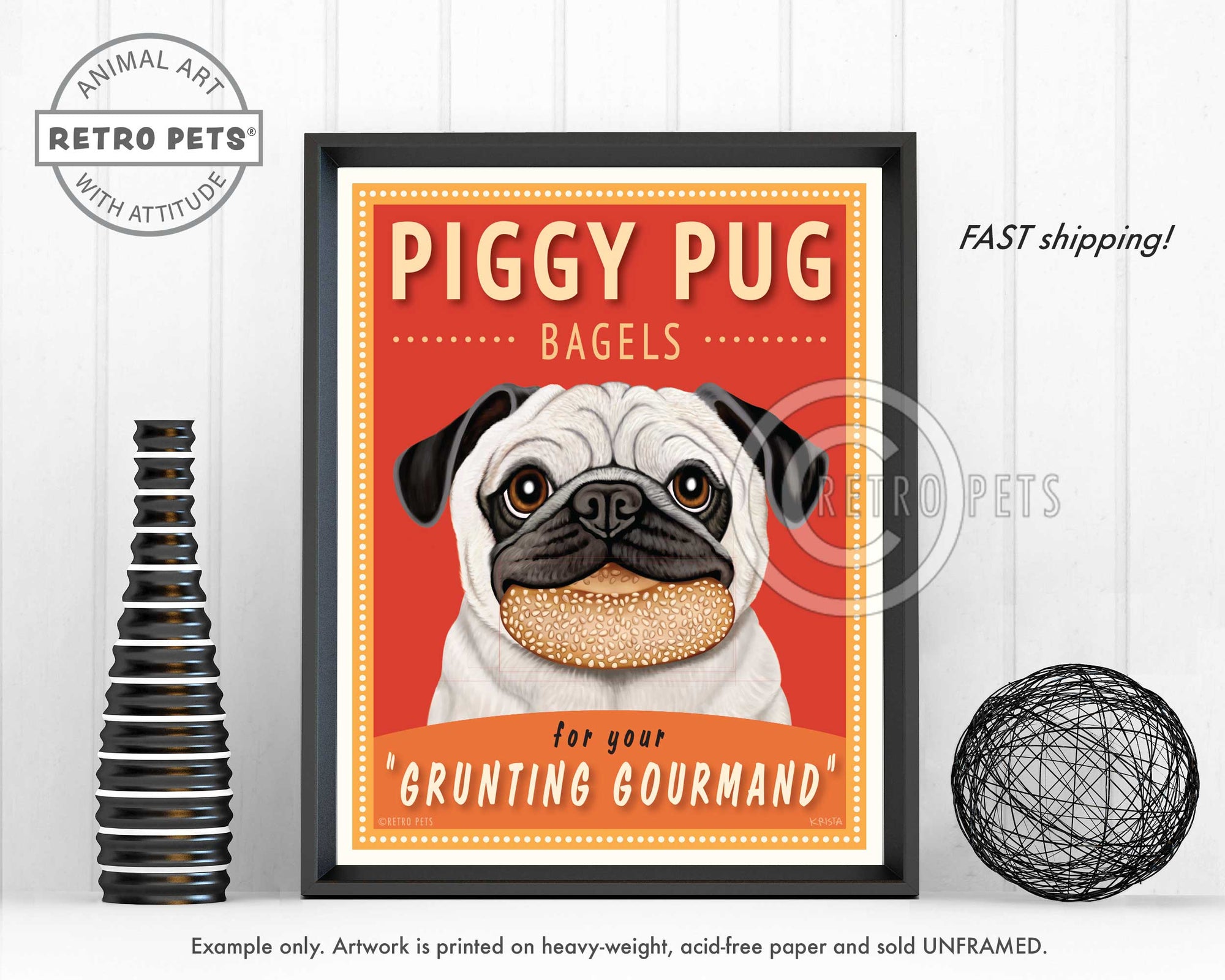 Pug Art "Piggy Pug Bagels" Art Print by Krista Brooks