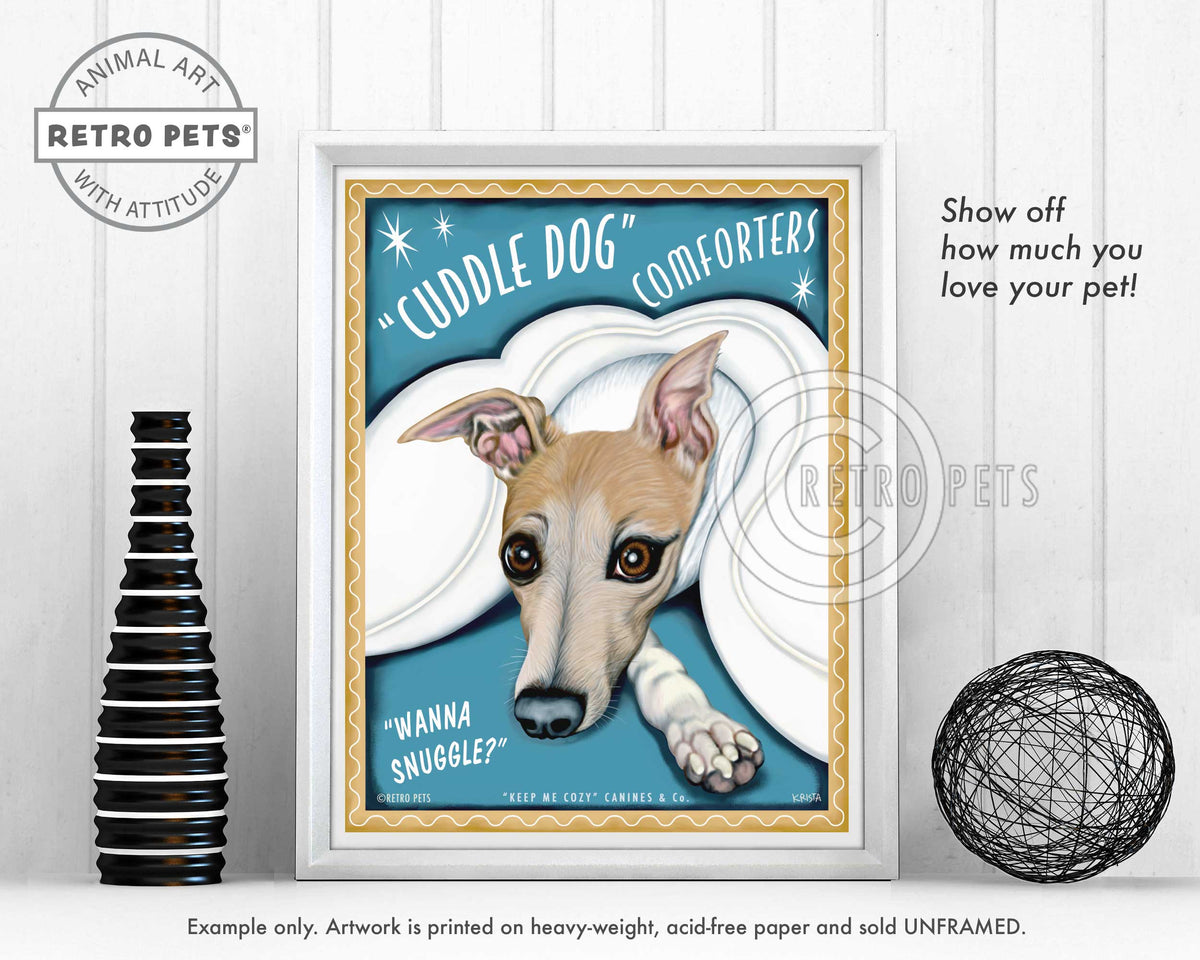 Whippet Art "Cuddle Dog Comforters" Art Print by Krista Brooks