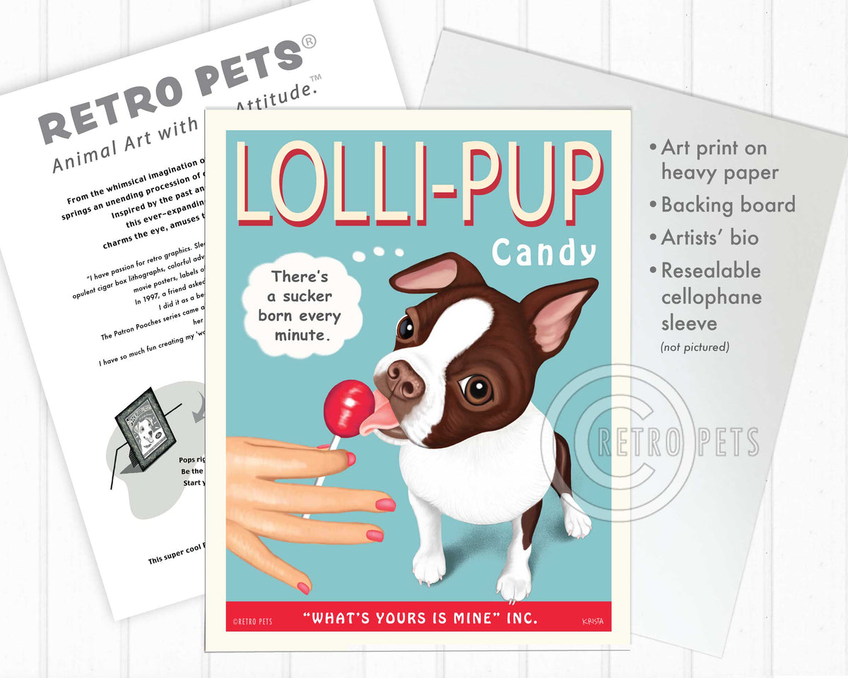 Boston Terrier Art - Brown & White "Lolli-PUP" | Retro Pets Art