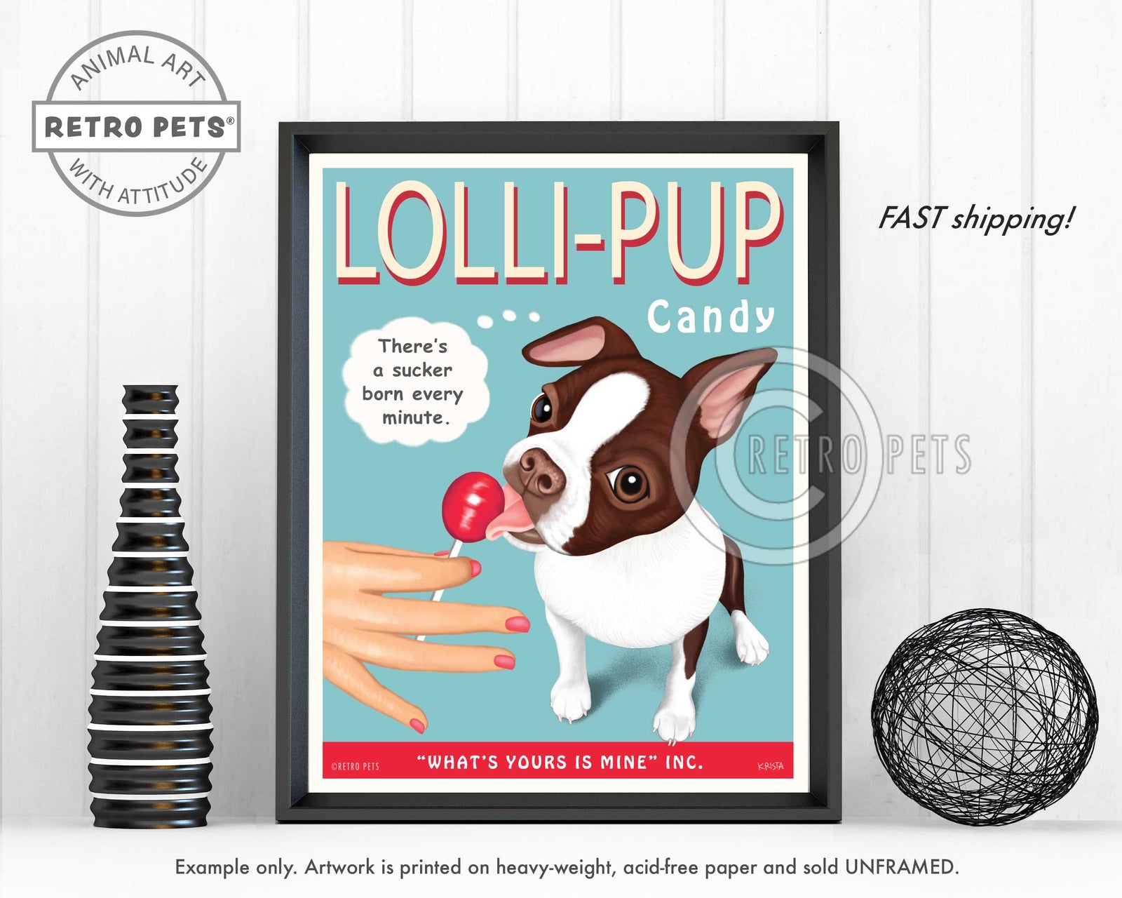 Boston Terrier Art - Brown & White "Lolli-PUP" | Retro Pets Art