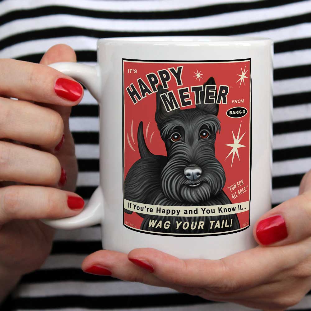 Scottish Terrier Art "Happy Meter" 15 oz White Mug | Retro Pets Art