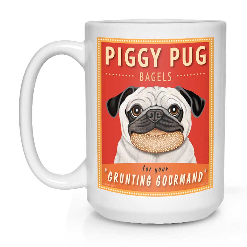 Pug Art "Piggy Pug Bagels" 15 oz. White Mug