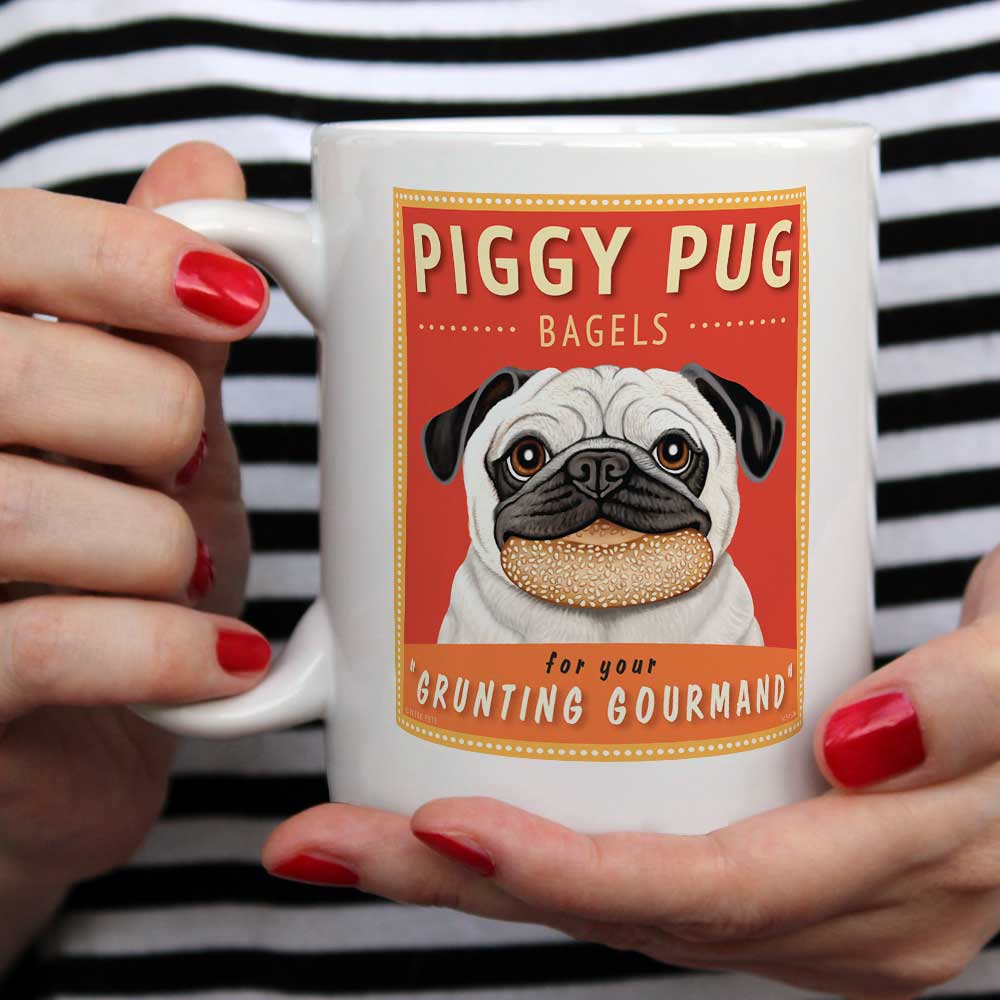 Pug Art "Piggy Pug Bagels" 15 oz. White Mug