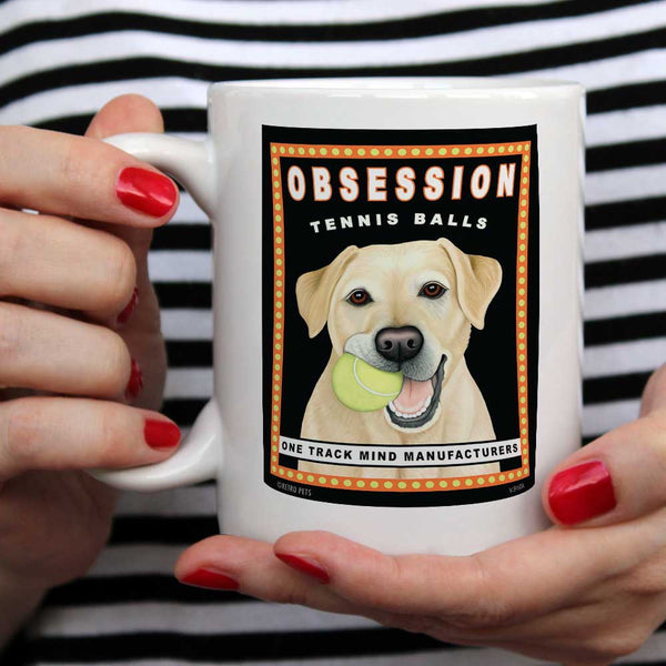 Labrador Retriever Art "Obsession Tennis Balls - Yellow Lab" 15 oz. White Mug