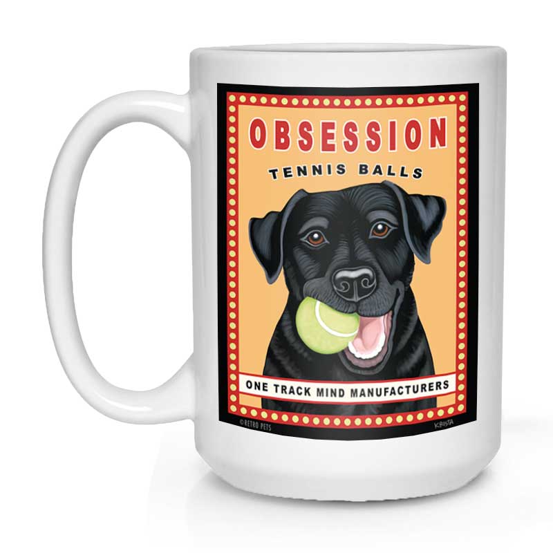 Labrador Retriever Art "Obsession Tennis Balls - Black Lab" 15 oz. White Mug