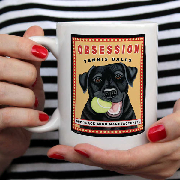 Labrador Retriever Art "Obsession Tennis Balls - Black Lab" 15 oz. White Mug