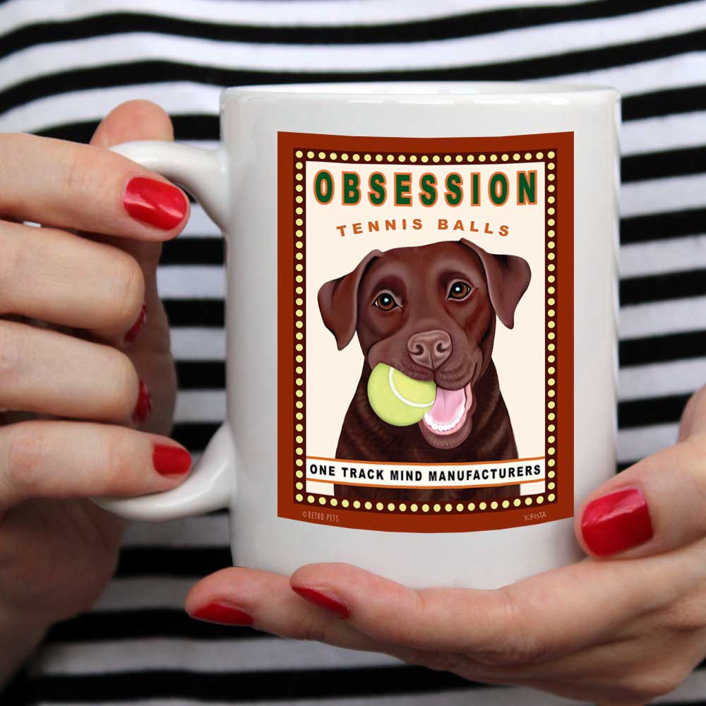 Labrador Retriever Art "Obsession Tennis Balls - Chocolate Lab" 15 oz. White Mug