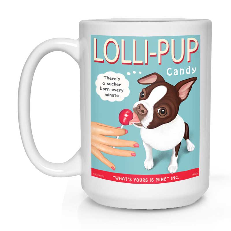 Printed Coffee Cups | "Lolli-PUP" 15 oz. White Mug | Retro Pets Art