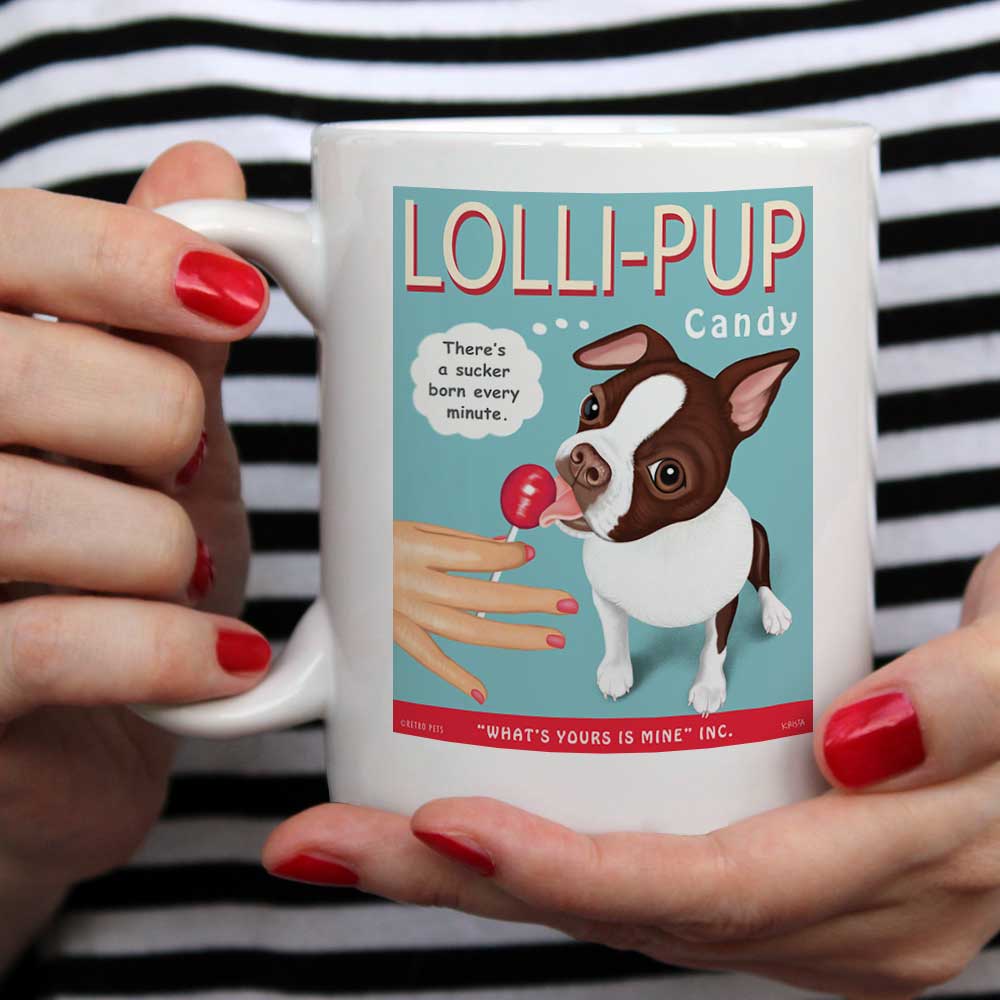Printed Coffee Cups | "Lolli-PUP" 15 oz. White Mug | Retro Pets Art