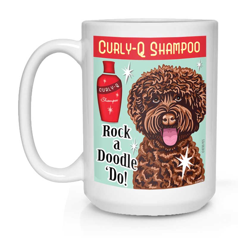 Labradoodle Art "Curly-Q Shampoo - Chocolate Doodle" 15 oz. White Mug