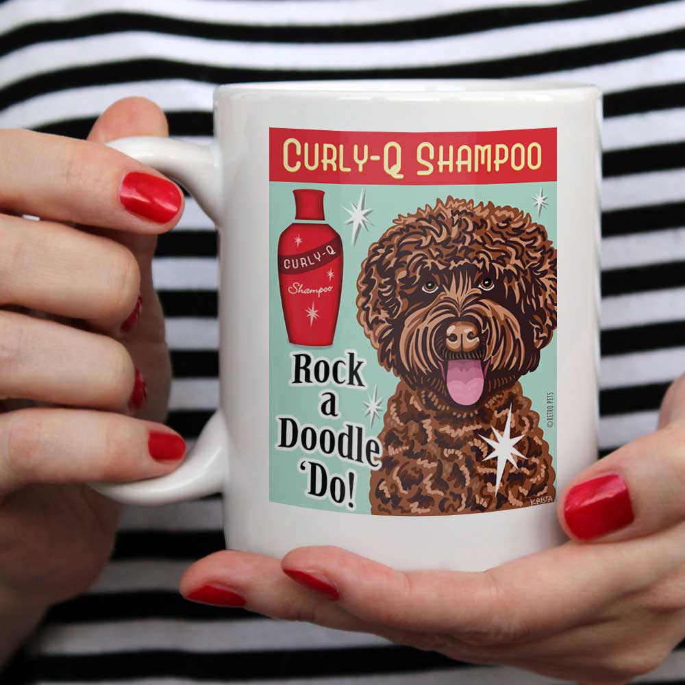 Labradoodle Art "Curly-Q Shampoo - Chocolate Doodle" 15 oz. White Mug