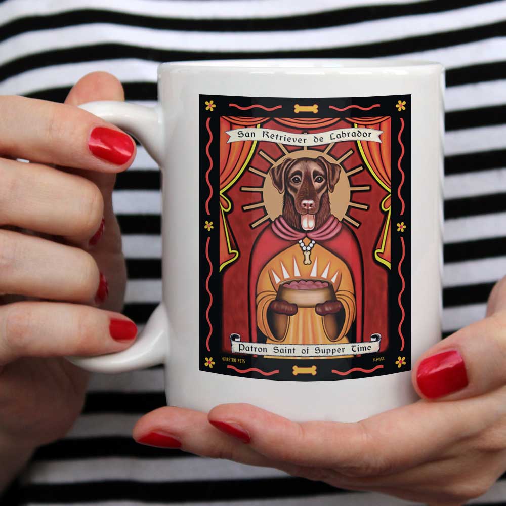 Labrador Retriever Art "Saint of Supper Time - Chocolate Lab" 15 oz. White Mug