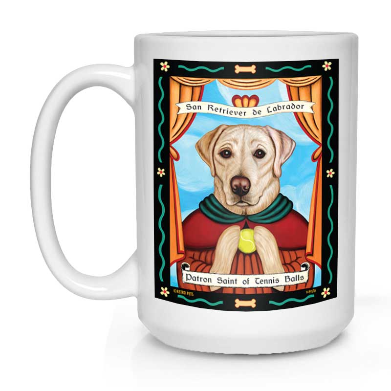 Labrador Retriever Art "Saint of Tennis Balls - Yellow Lab" 15 oz. White Mug