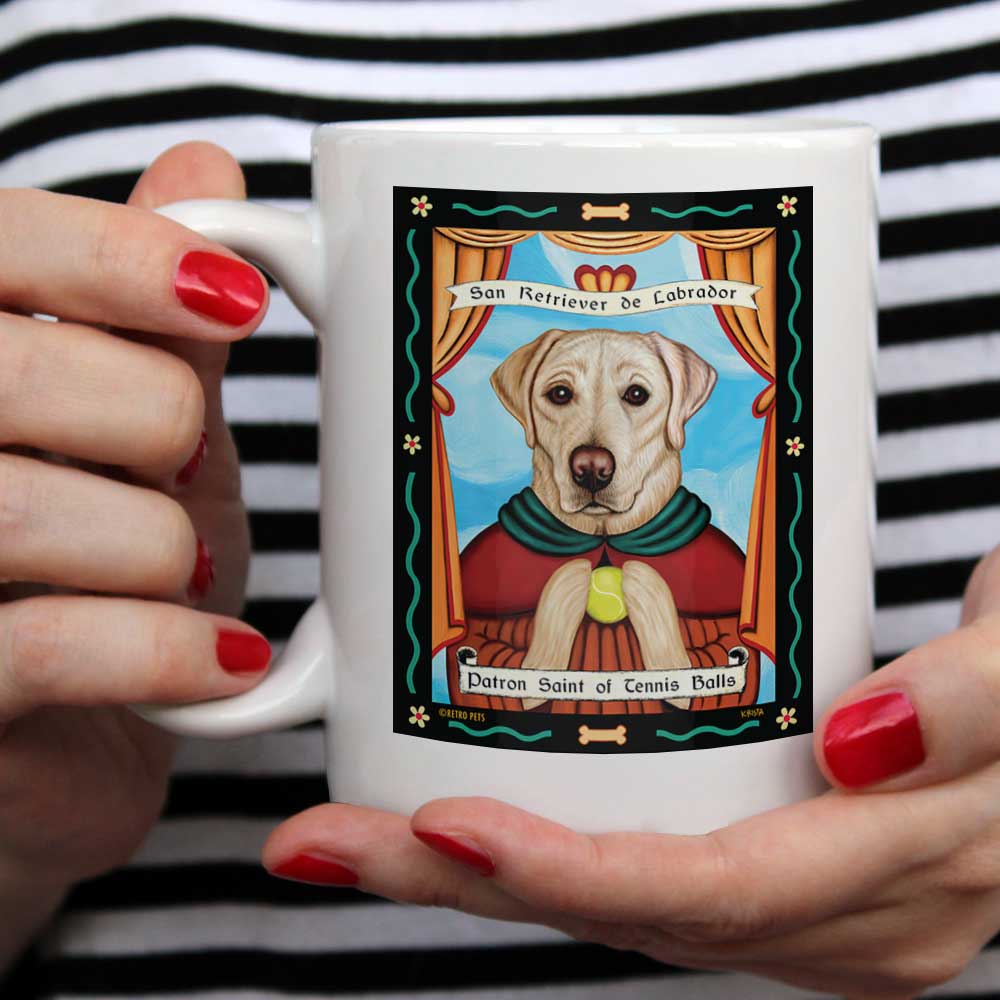 Labrador Retriever Art "Saint of Tennis Balls - Yellow Lab" 15 oz. White Mug
