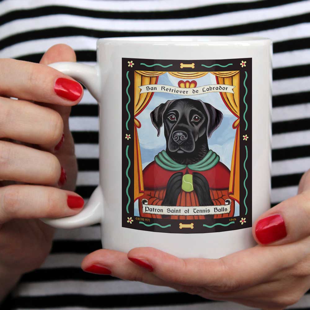 Labrador Retriever Art "Saint of Tennis Balls - Black Lab" 15 oz. White Mug