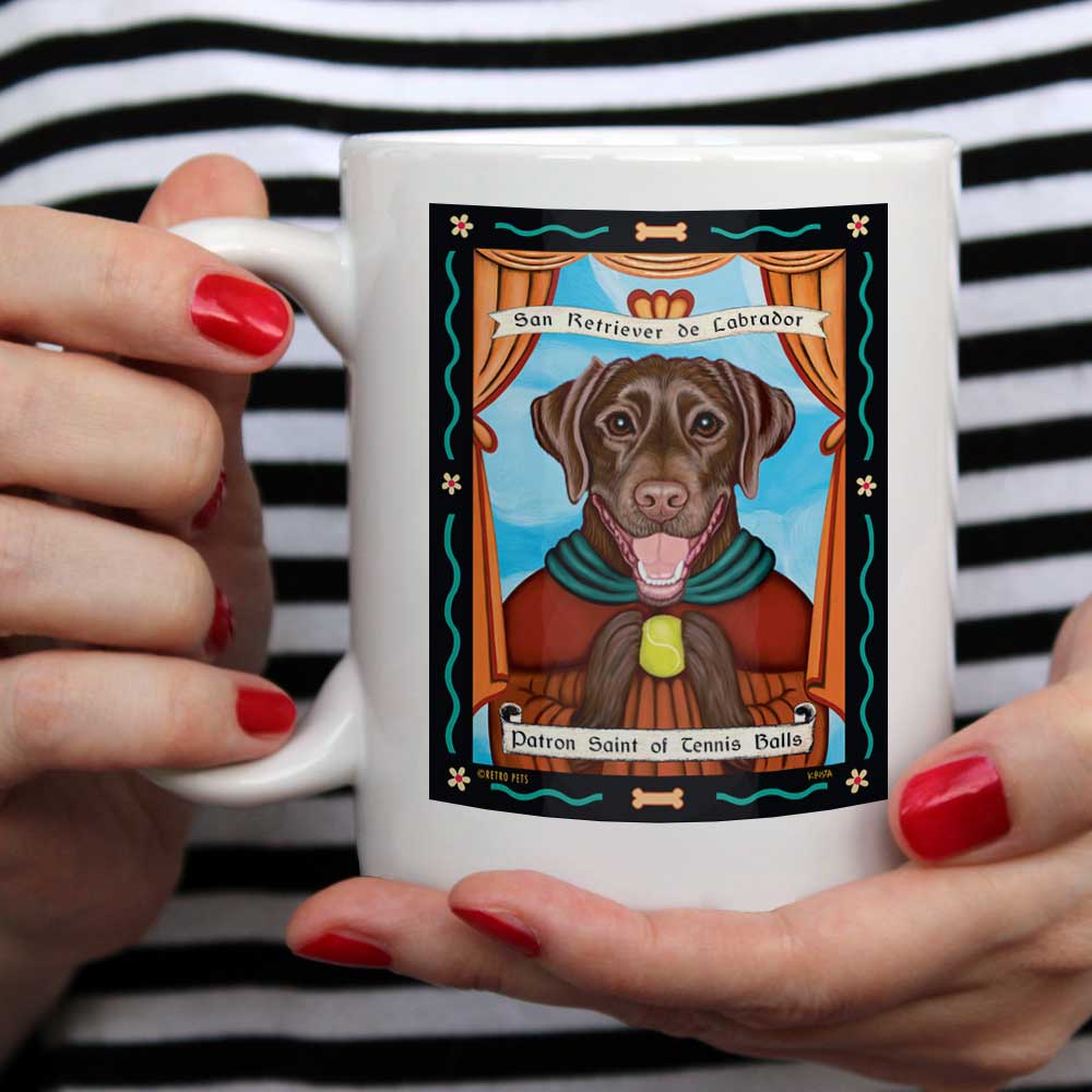 Labrador Retriever Art "Saint of Tennis Balls - Chocolate Lab" 15 oz. White Mug