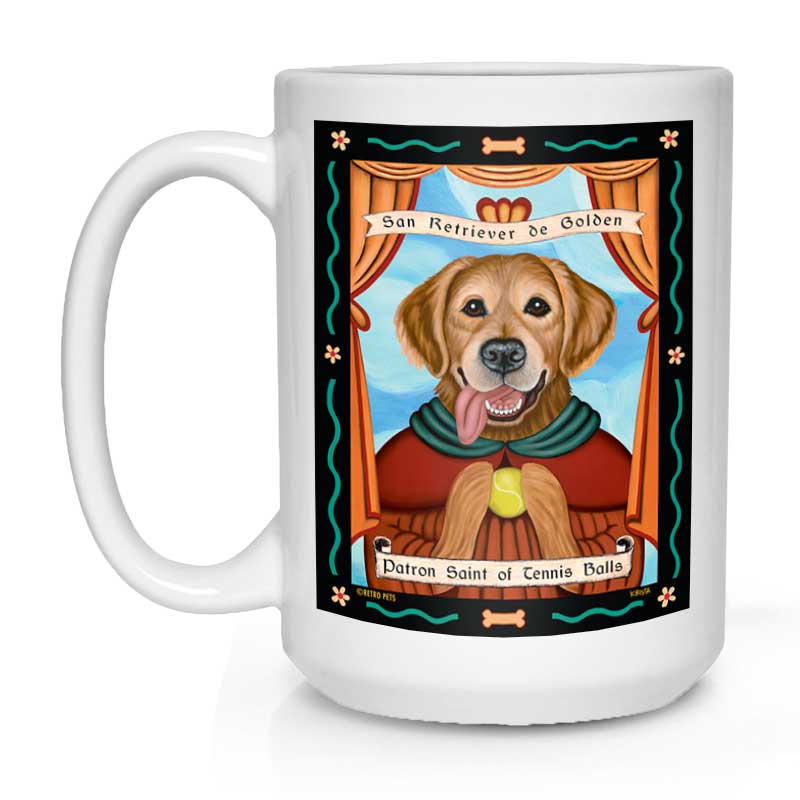 Labrador Retriever Art "Saint of Tennis Balls - Golden Retriever" 15 oz. White Mug