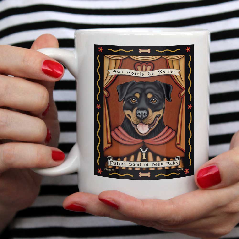 Rottweiler Art - "Saint of Belly Rubs" 15 oz. White Mug