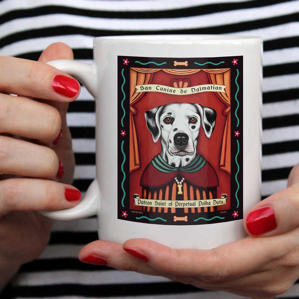 Dalmatian Art (Brown Eyes) "Saint of Perpetual Polka Dots" 15 oz. White Mug