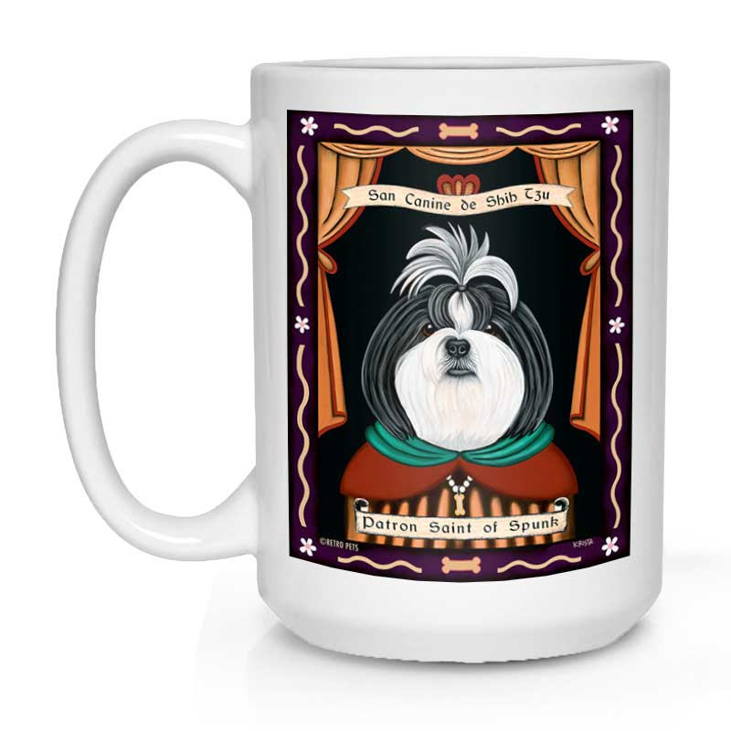 Shih-Tzu Art (Grey and White) "Saint of Spunk" 15 oz. White Mug