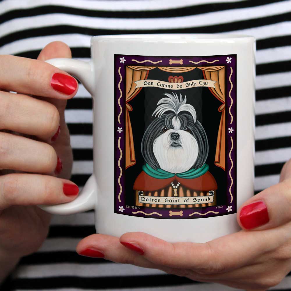 Shih-Tzu Art (Grey and White) "Saint of Spunk" 15 oz. White Mug