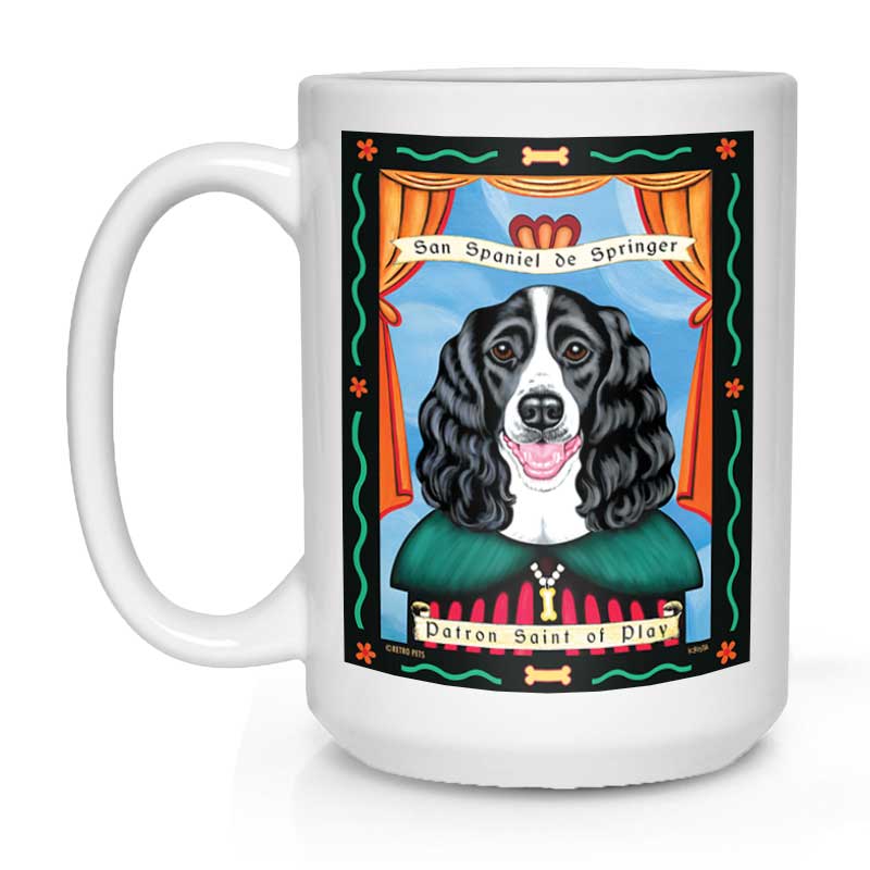 Springer Spaniel Art (Black and White) "Saint of Play" 15 oz. White Mug
