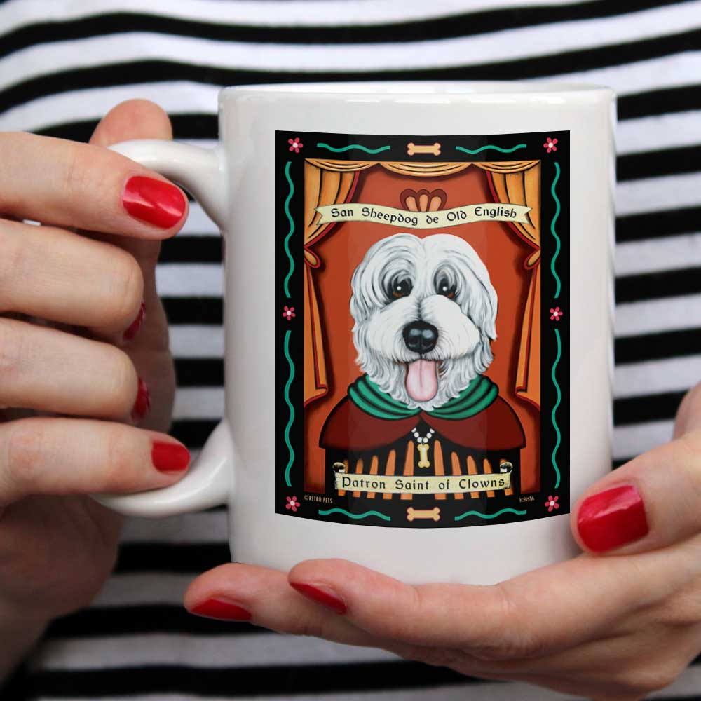 Old English Sheepdog Art "Saint of Clowns" 15 oz. White Mug
