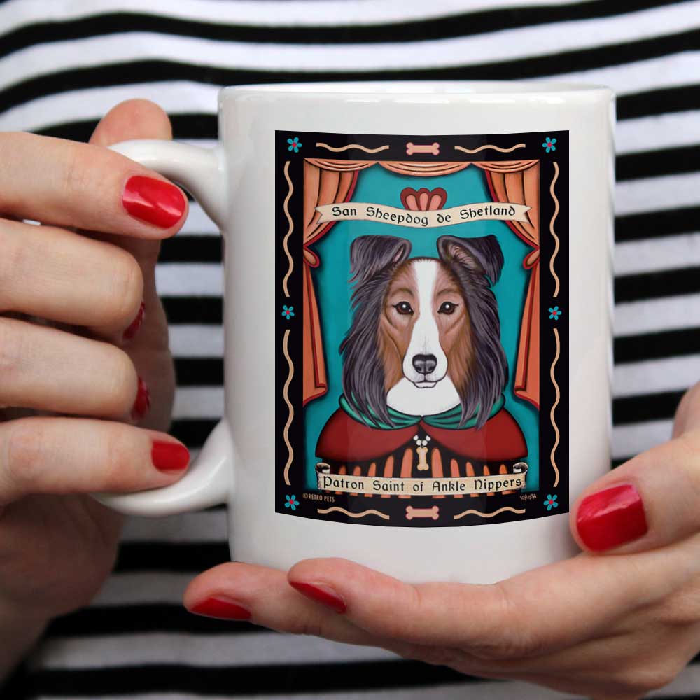Shetland Sheepdog (Sheltie) Art "Saint of Ankle Nippers" 15 oz. White Mug