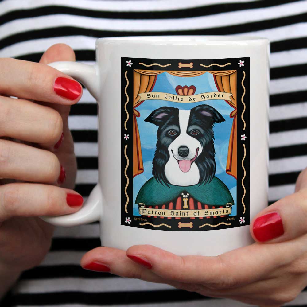 White Ceramic Mug | Border Collie Art | Retro Pets Art