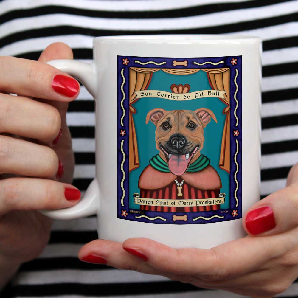 Pit Bull Terrier Art "Saint of Merry Pranksters" 15 oz. White Mug