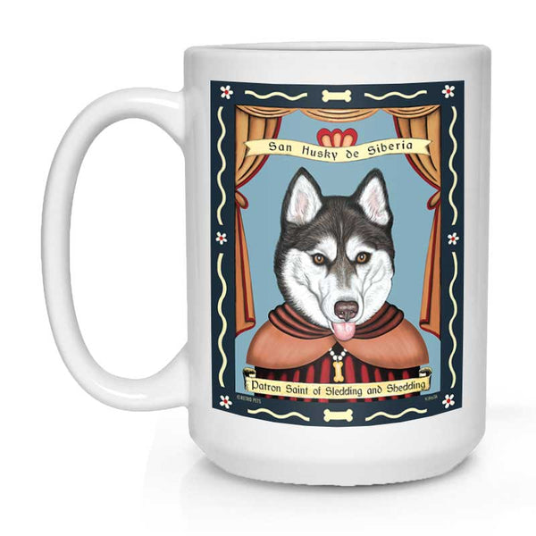 Siberian Husky Art (Brown eyes) "Saint of Sledding and Shedding" 15 oz. White Mug