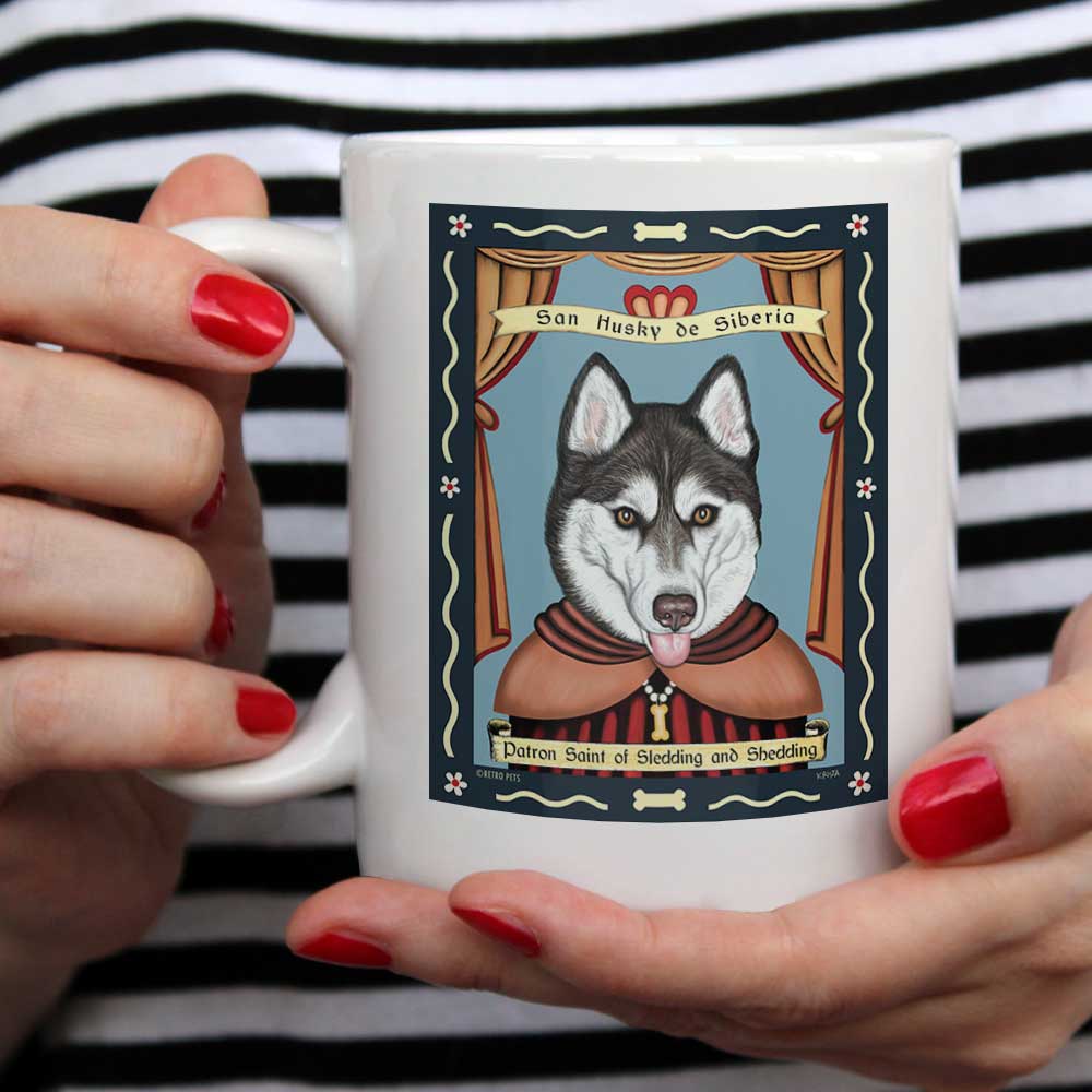 Siberian Husky Art (Brown eyes) "Saint of Sledding and Shedding" 15 oz. White Mug