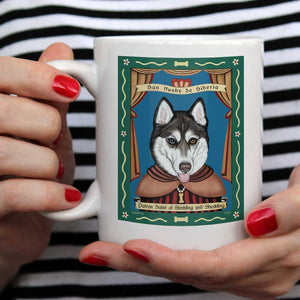 Siberian Husky Art (Blue and Brown eyes) "Saint of Sledding and Shedding" 15 oz. White Mug