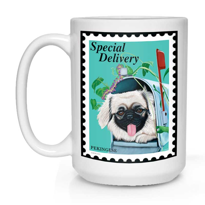 Pekingese Art "Special Delivery Stamp" 15 oz. White Mug