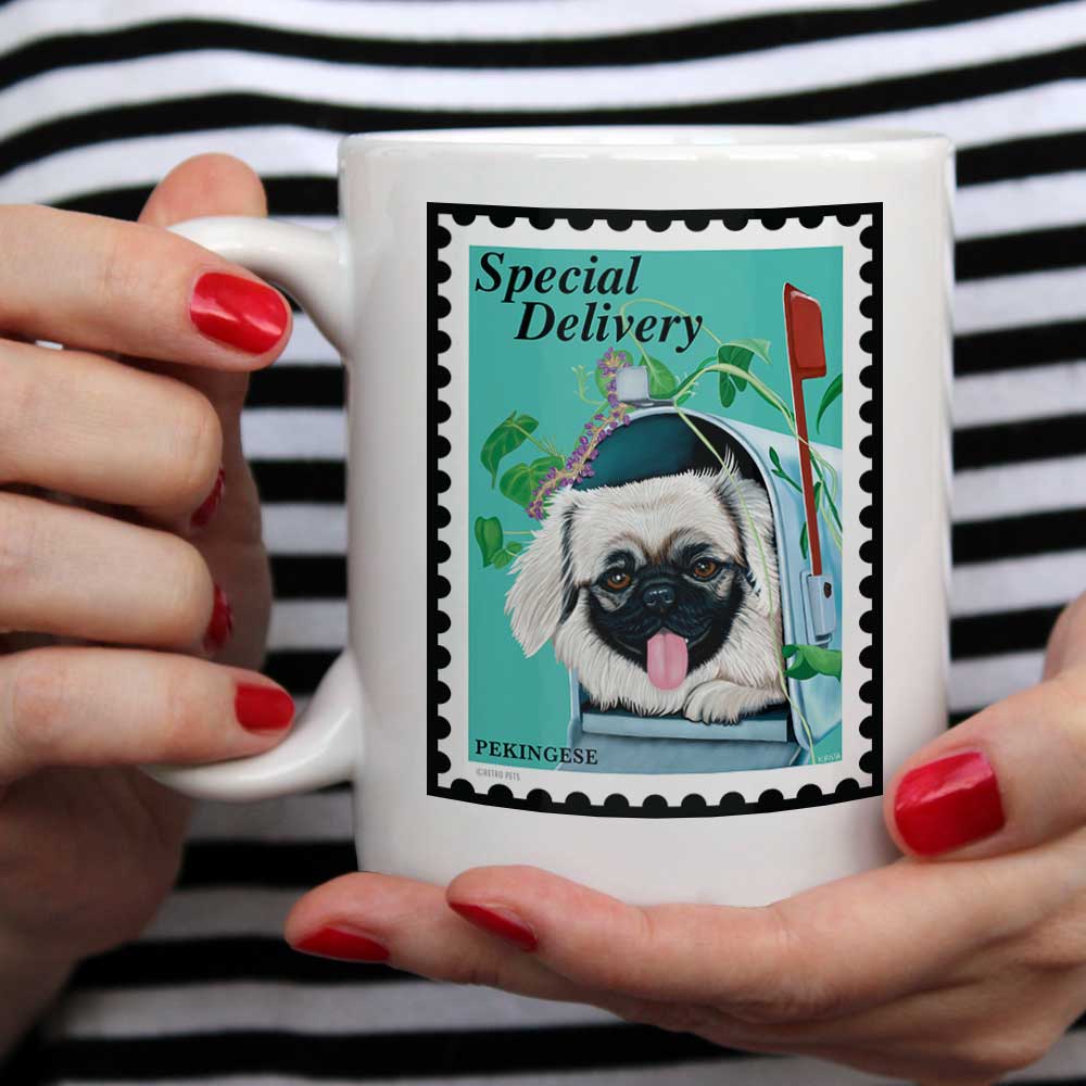 Pekingese Art "Special Delivery Stamp" 15 oz. White Mug