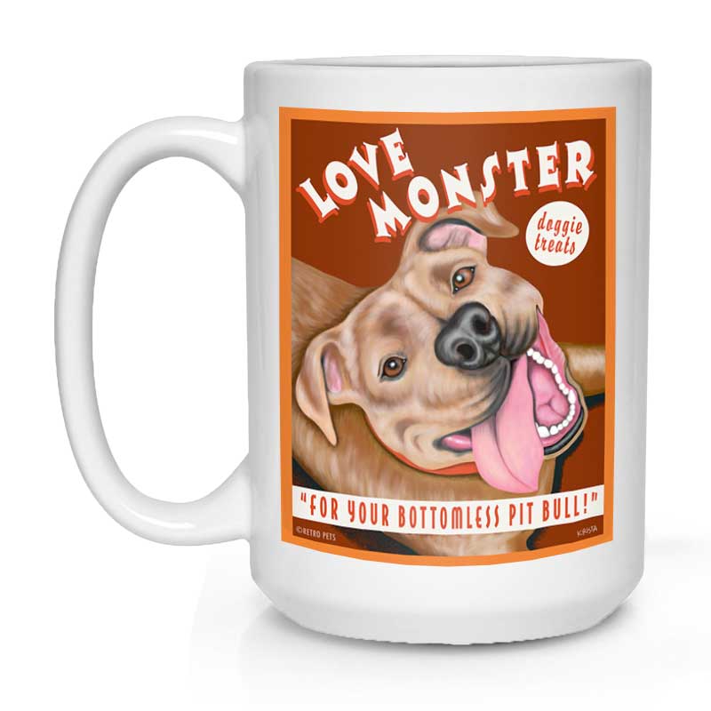 Pit Bull Terrier Art (Red-Brown) "Love Monster Doggie Treats" 15 oz. White Mug