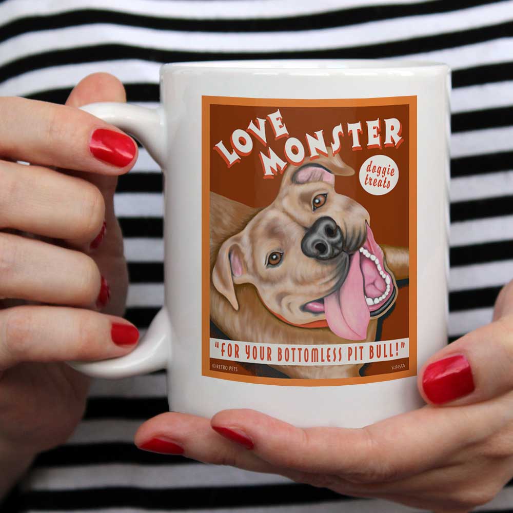 Pit Bull Terrier Art (Red-Brown) "Love Monster Doggie Treats" 15 oz. White Mug