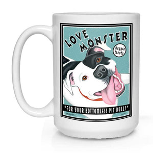 Pit Bull Terrier Art (Black and White) "Love Monster Doggie Treats" 15 oz. White Mug