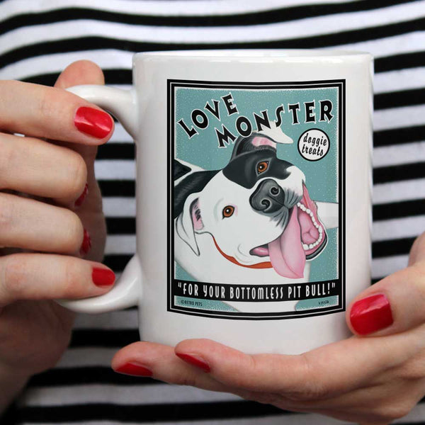 Pit Bull Terrier Art (Black and White) "Love Monster Doggie Treats" 15 oz. White Mug