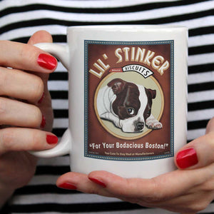 Boston Terrier Art (Brown and White) "Lil' Stinker Biscuits" 15 oz. White Mug