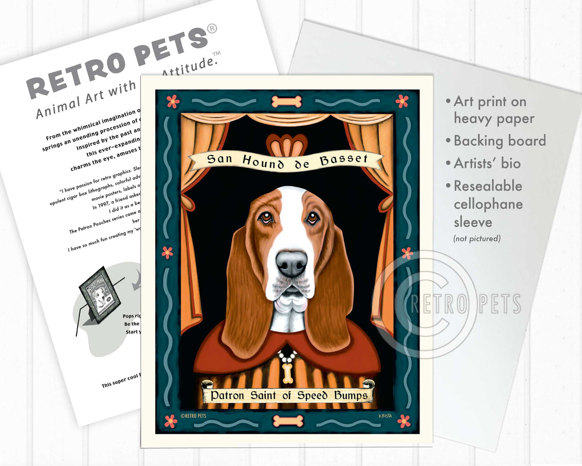 Basset Hound Art "Patron Saint of Speed Bumps" Art Print by Krista Brooks