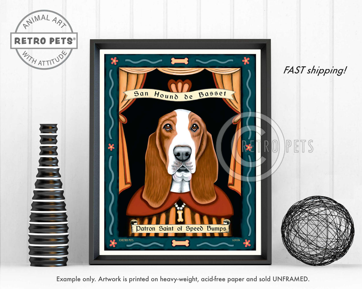 Basset Hound Art "Patron Saint of Speed Bumps" Art Print by Krista Brooks