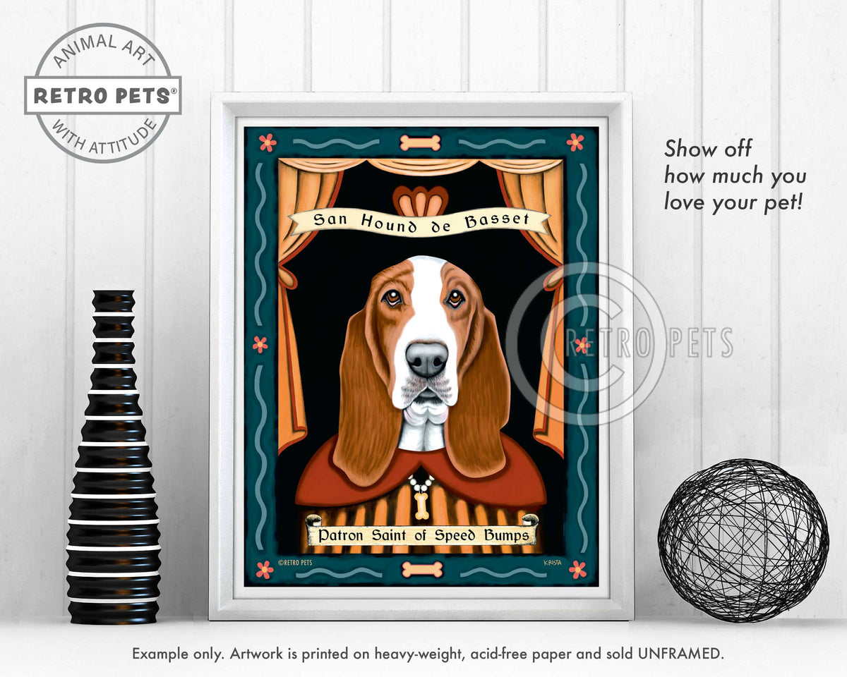 Basset Hound Art "Patron Saint of Speed Bumps" Art Print by Krista Brooks